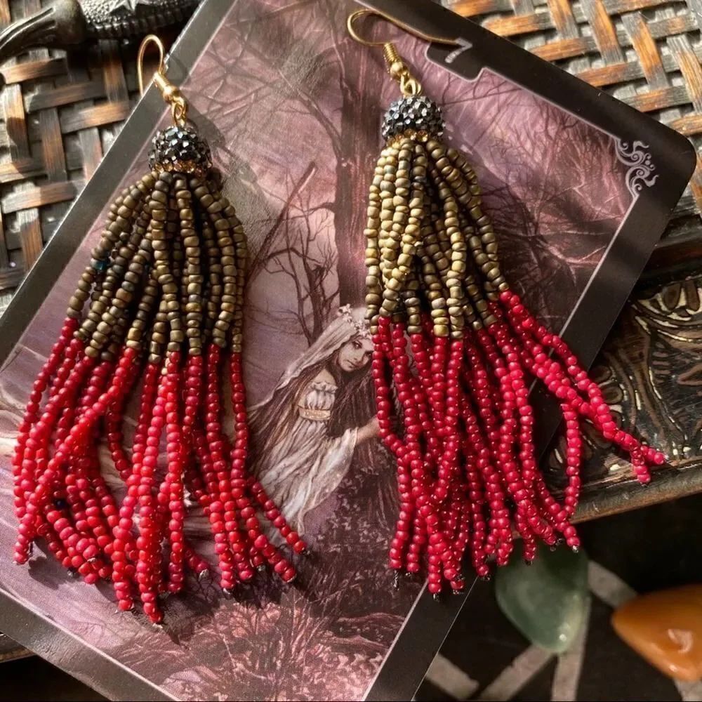 Red And Green Seed Bead Tassel Pave Crystal Earrings